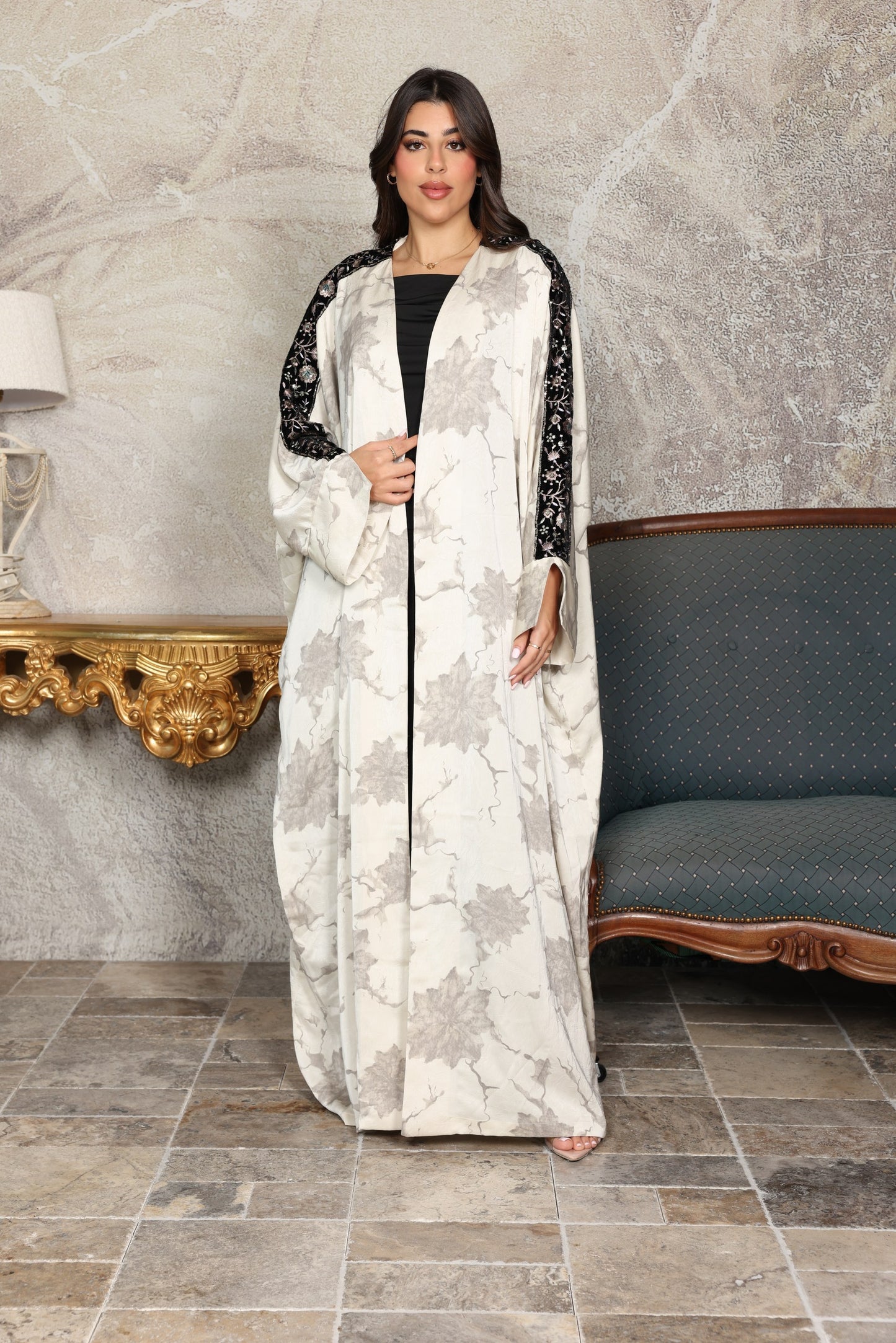 Soft Silk Printed Abaya with Embroidered Lace Sleeves