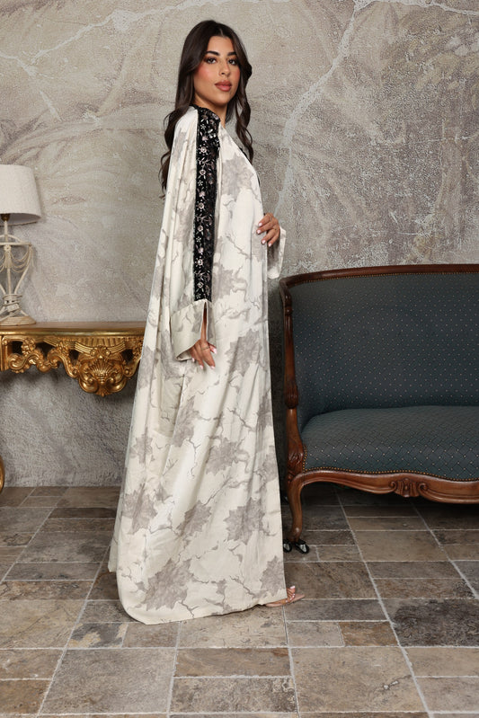 Soft Silk Printed Abaya with Embroidered Lace Sleeves