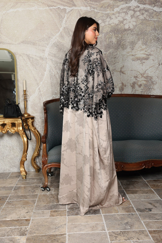 Taupe Silk Abaya with Black Embroidered Organza Cape