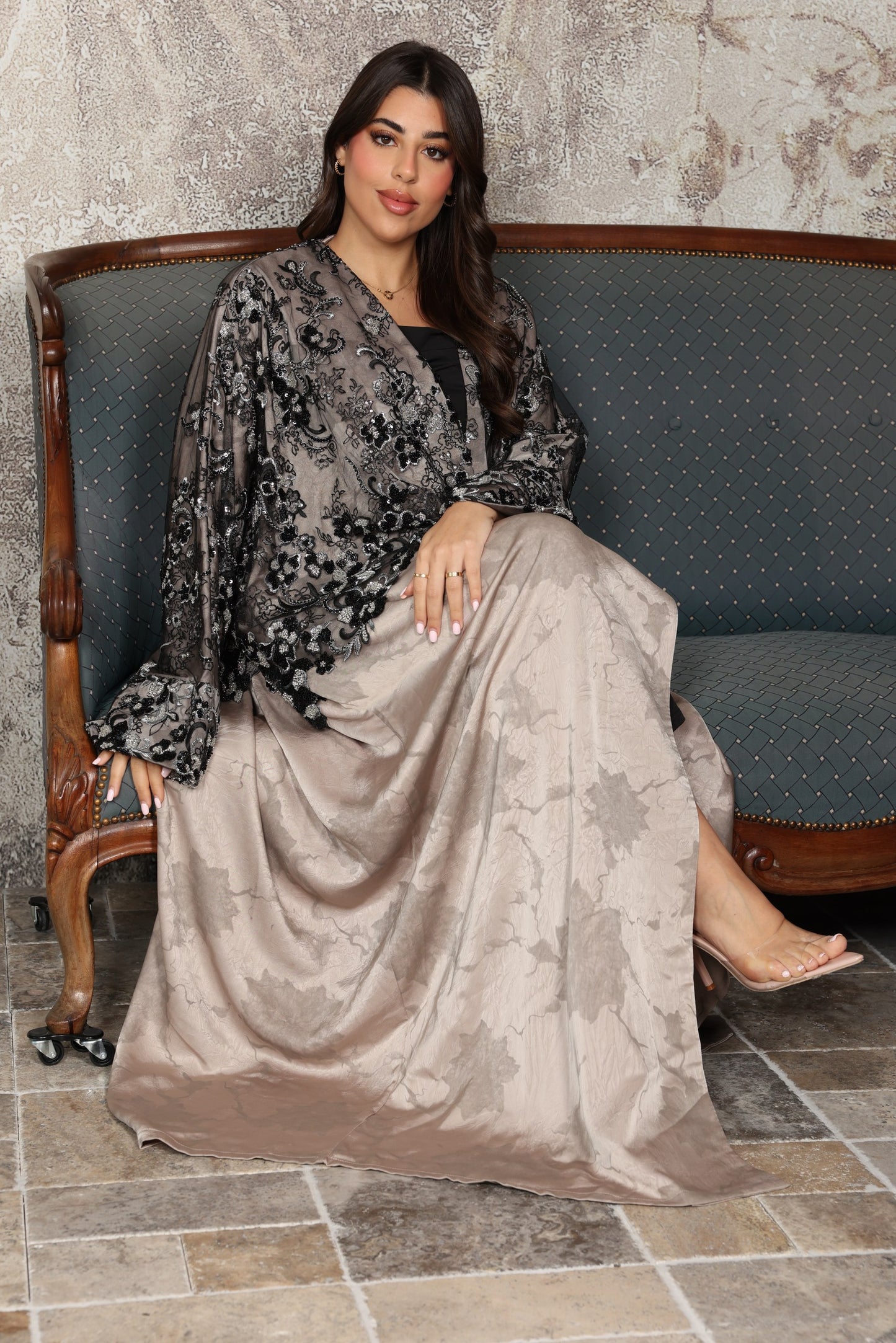 Taupe Silk Abaya with Black Embroidered Organza Cape