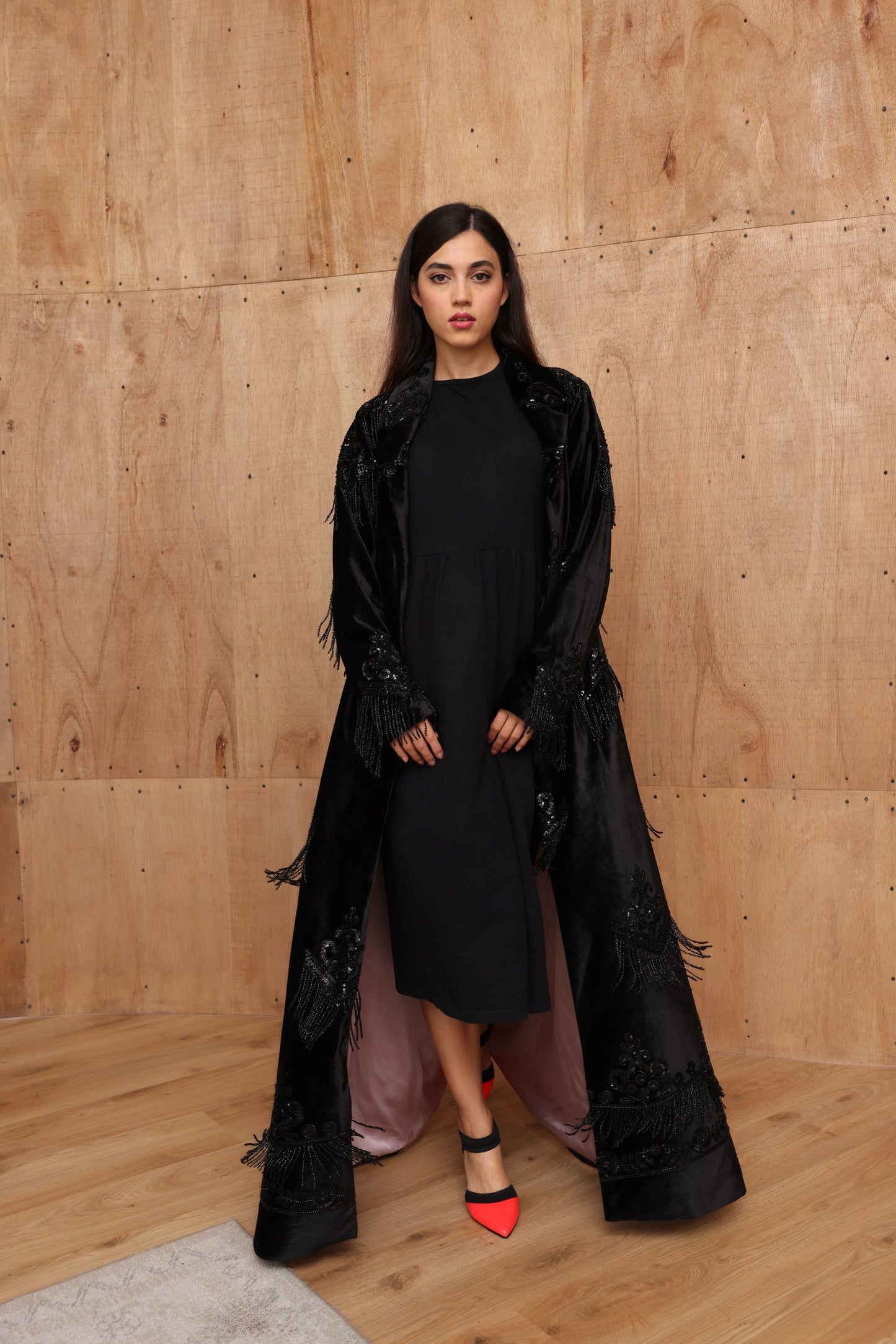 Black Velvet Abaya with Beaded Fringe & Silk Lining