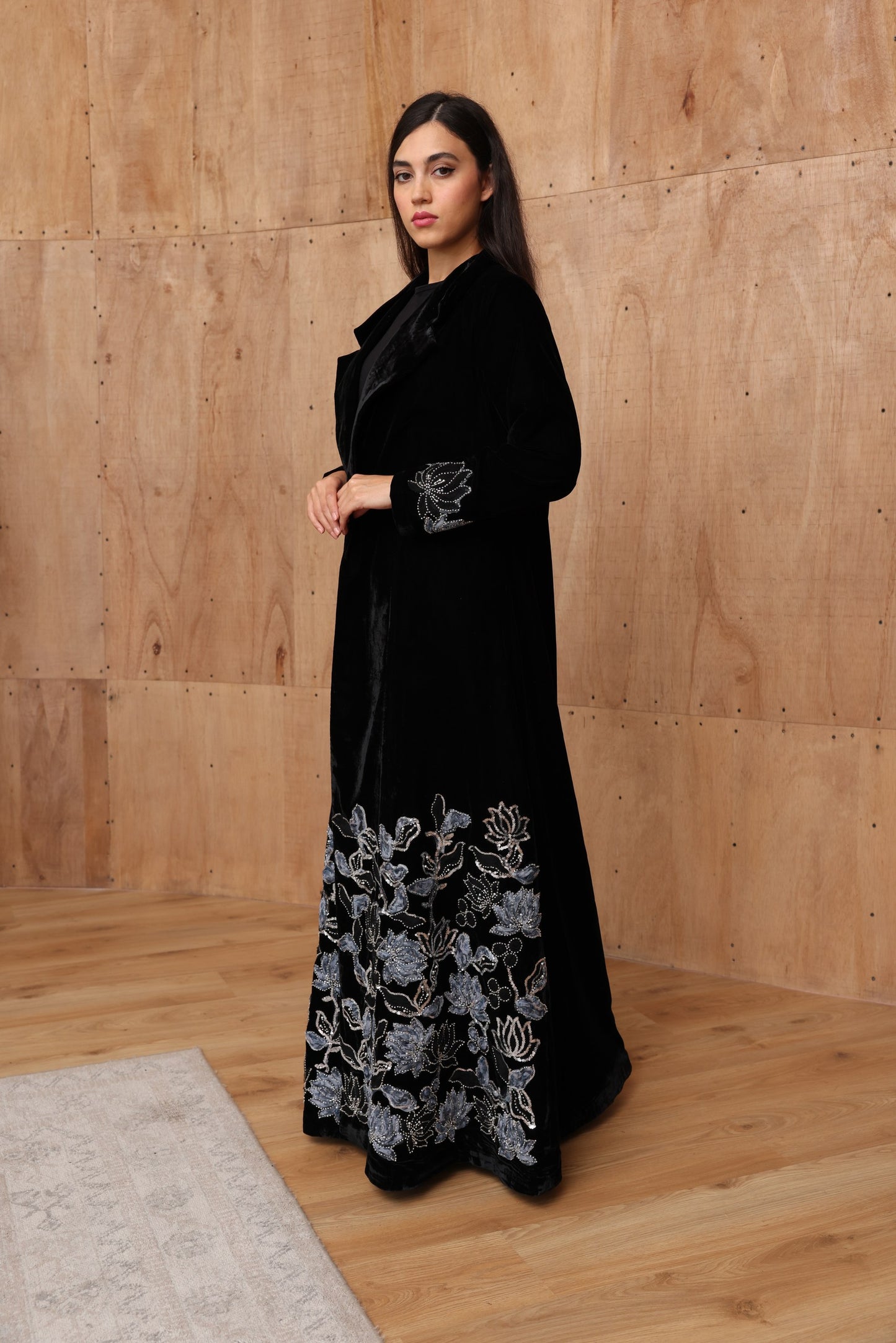 Black Velvet Abaya with Silver Floral Embroidery & Silk Lining