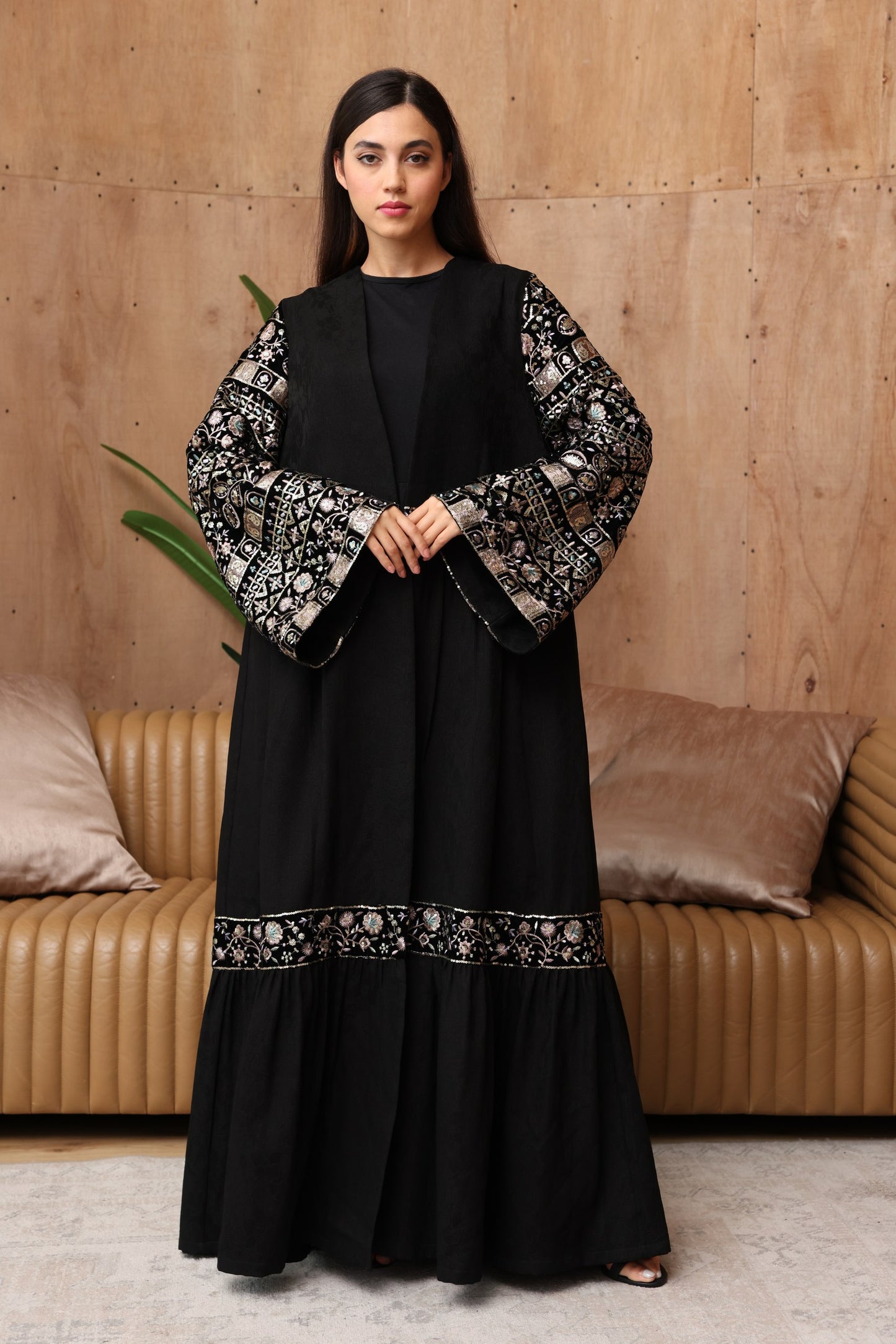 Elegant Black Jacquard Abaya with Embroidered Details