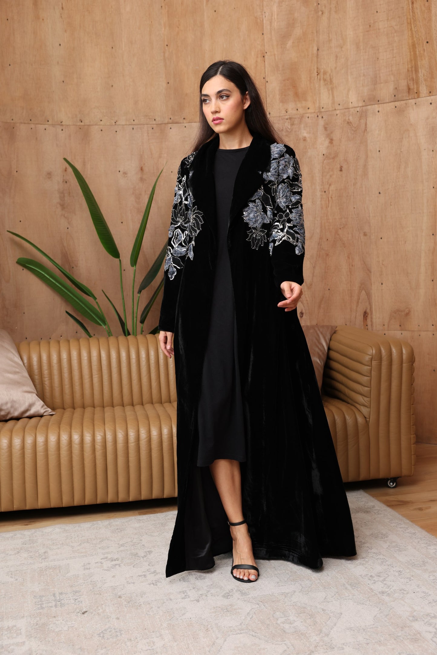 Black Velvet Abaya with Blue Floral Embroidery & Silk Lining