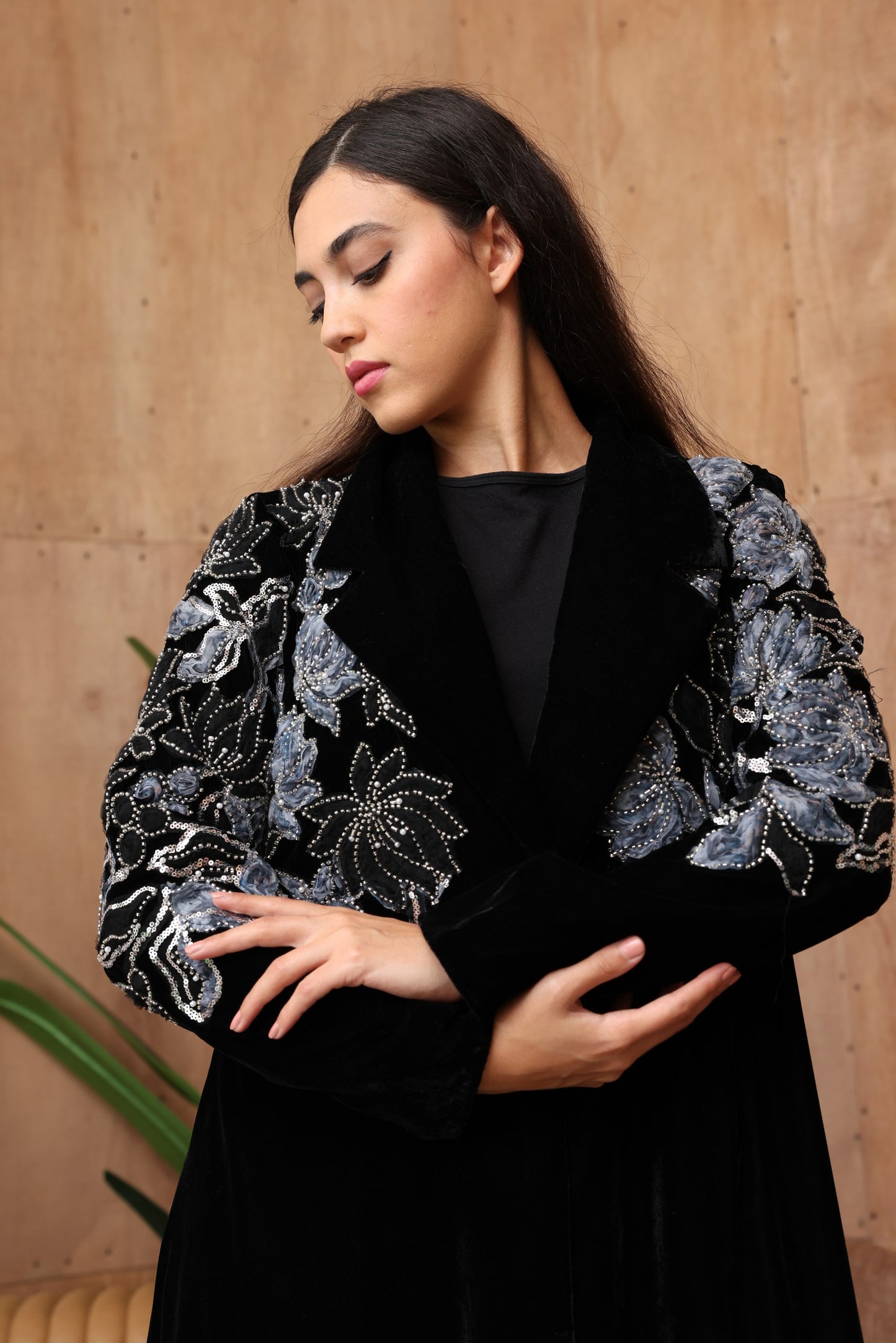 Black Velvet Abaya with Blue Floral Embroidery & Silk Lining
