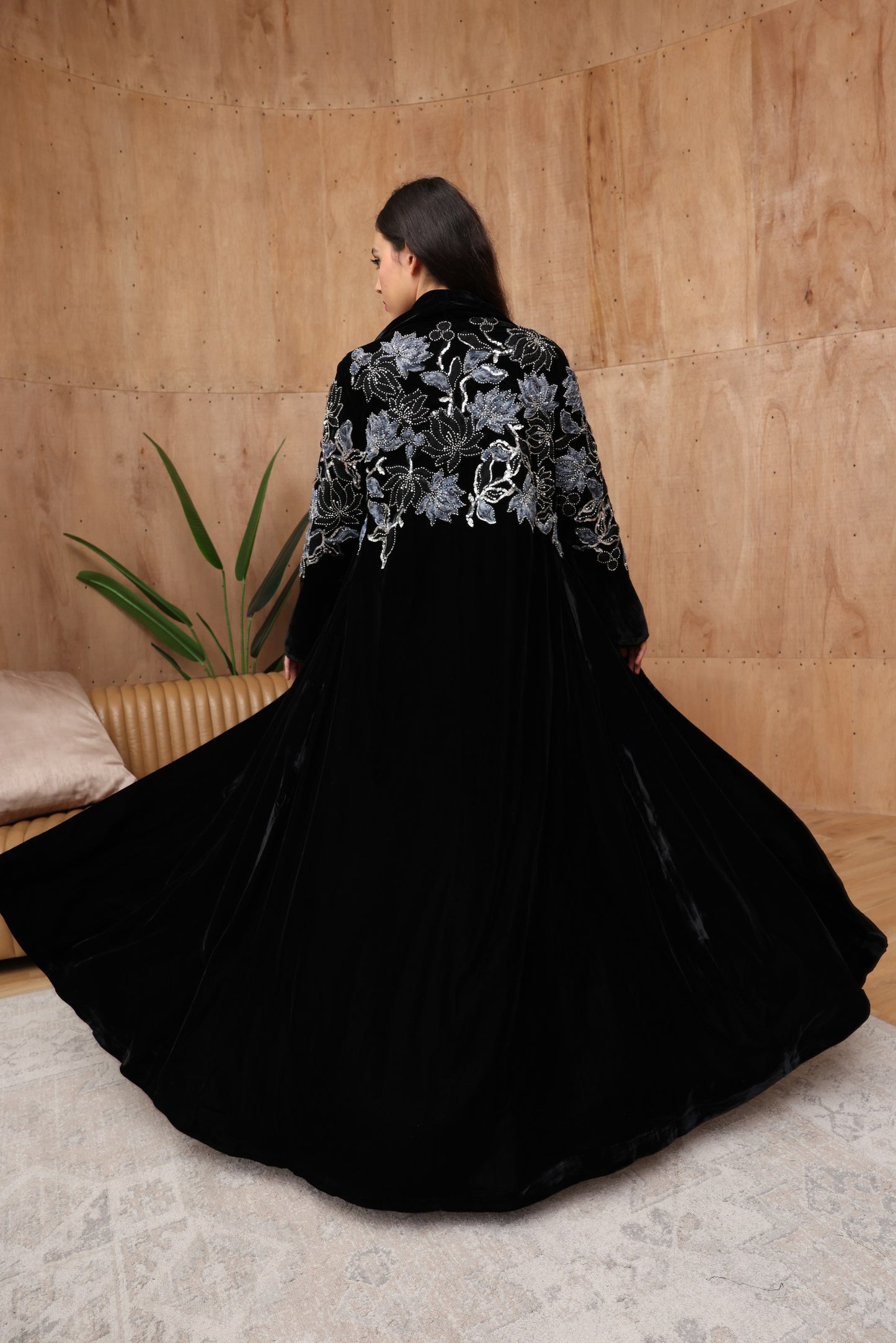 Black Velvet Abaya with Blue Floral Embroidery & Silk Lining