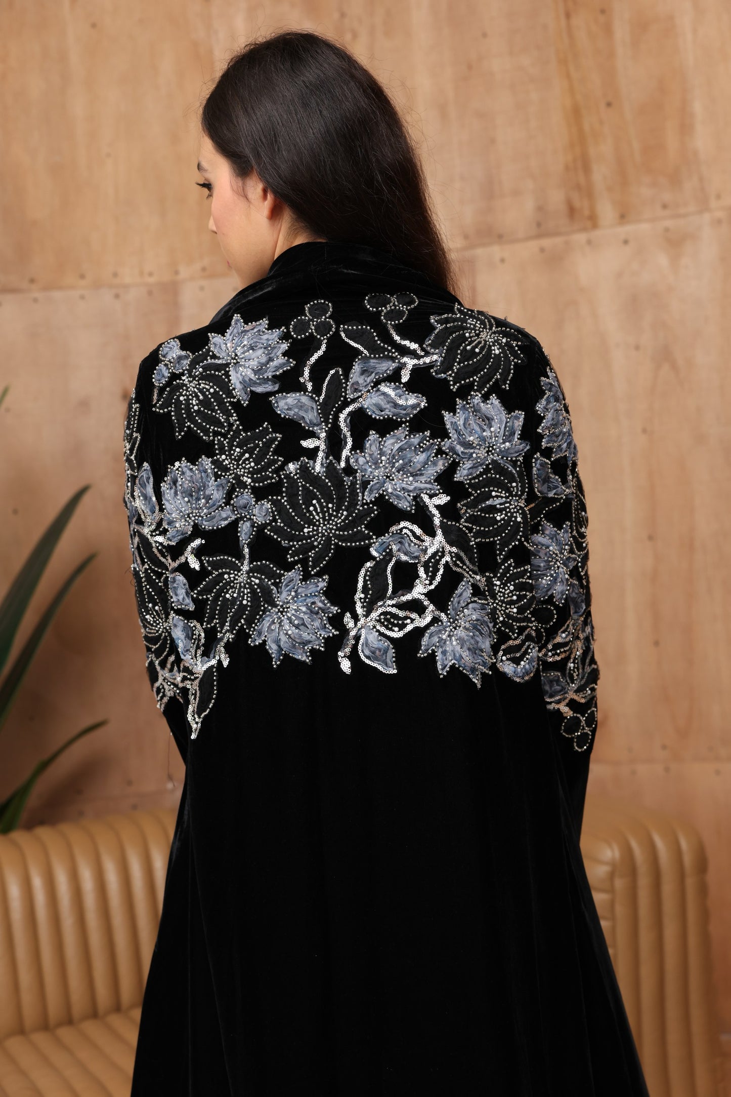 Black Velvet Abaya with Blue Floral Embroidery & Silk Lining