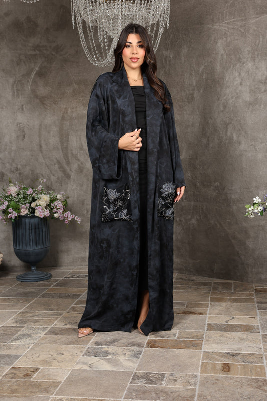 Embroidered Soft Silk Abaya with Sheer Back Detailing
