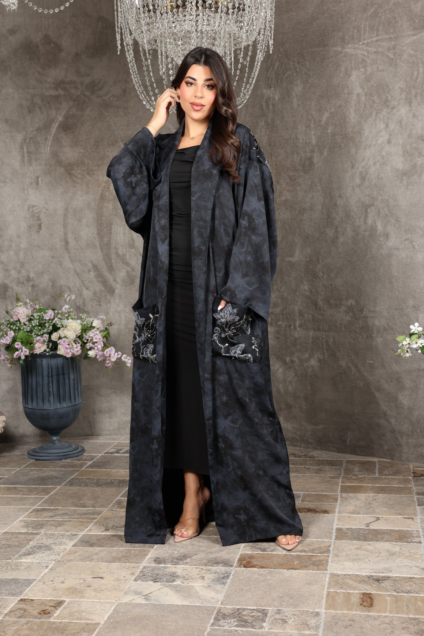 Embroidered Soft Silk Abaya with Sheer Back Detailing