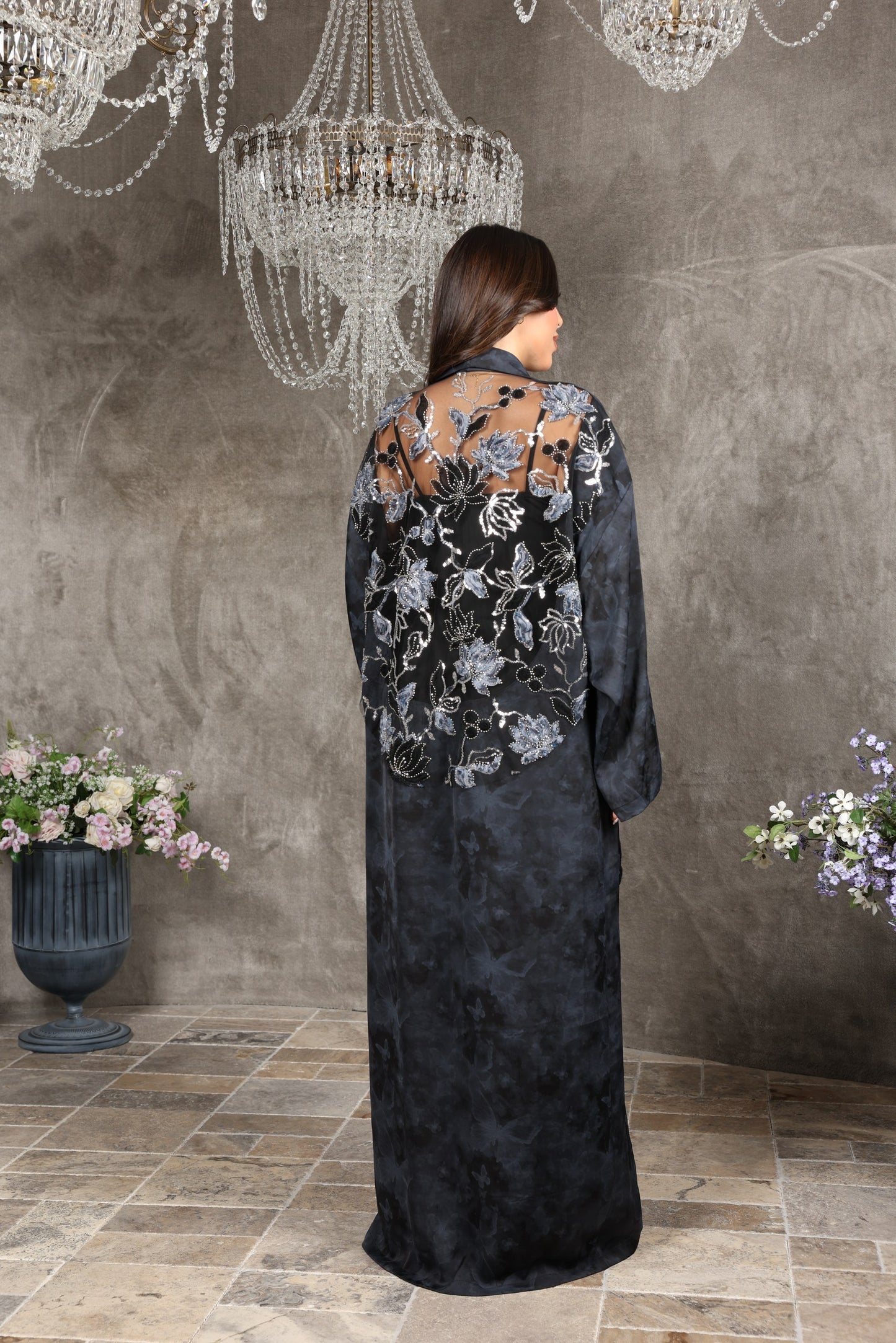 Embroidered Soft Silk Abaya with Sheer Back Detailing