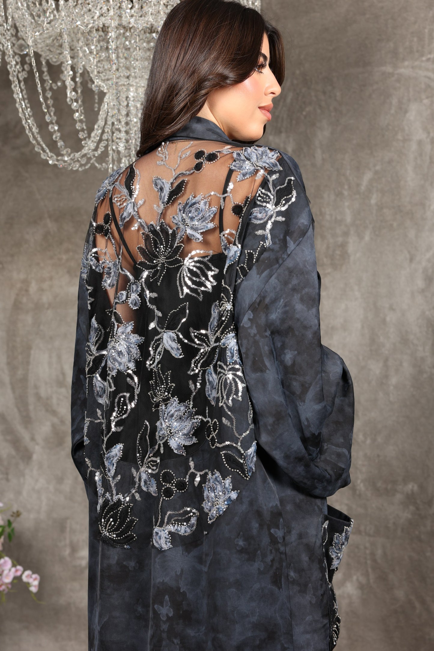 Embroidered Soft Silk Abaya with Sheer Back Detailing