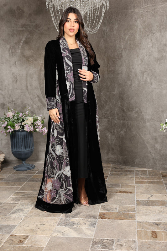 Black Breathable Velvet Abaya with Floral Embroidery