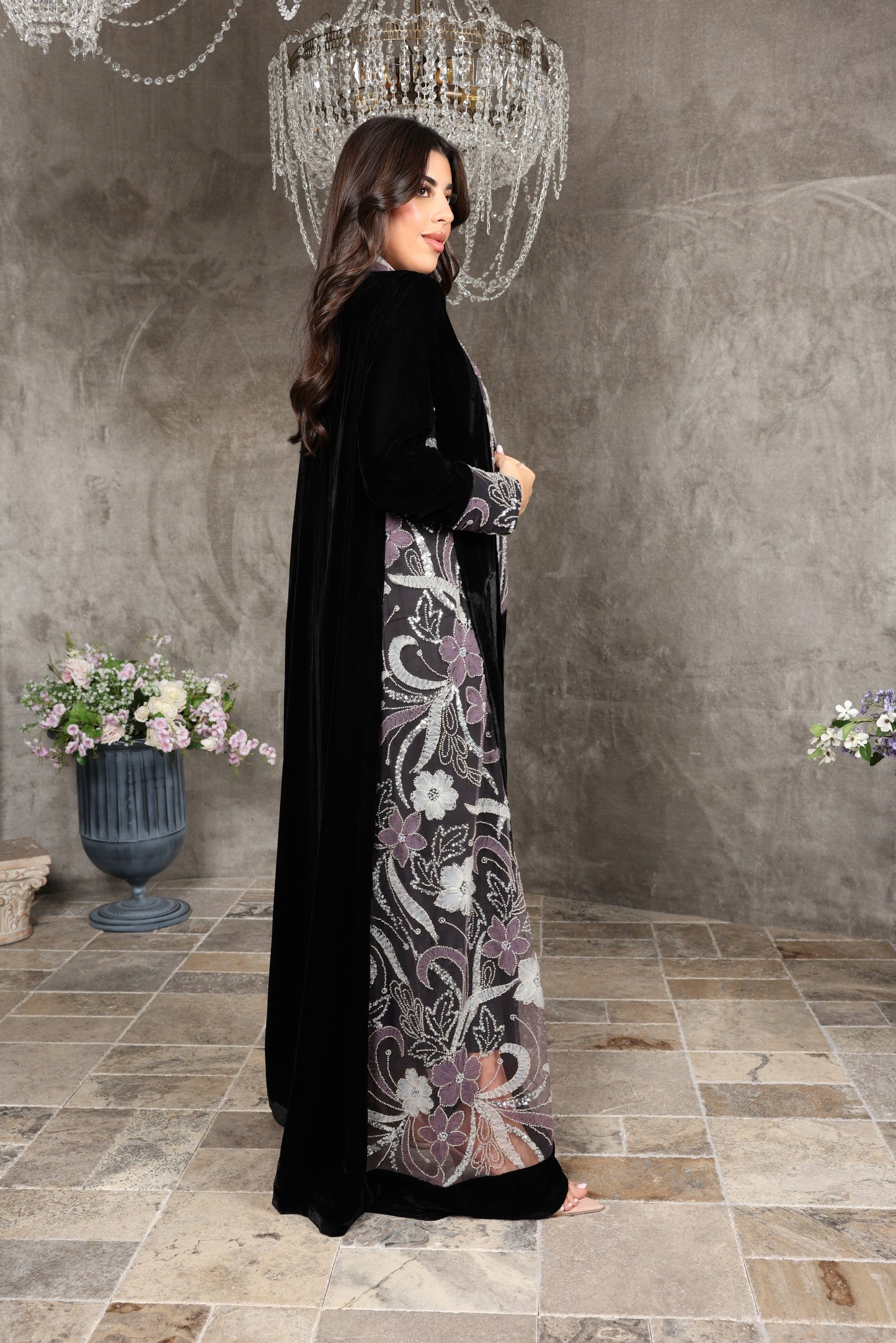 Black Breathable Velvet Abaya with Floral Embroidery