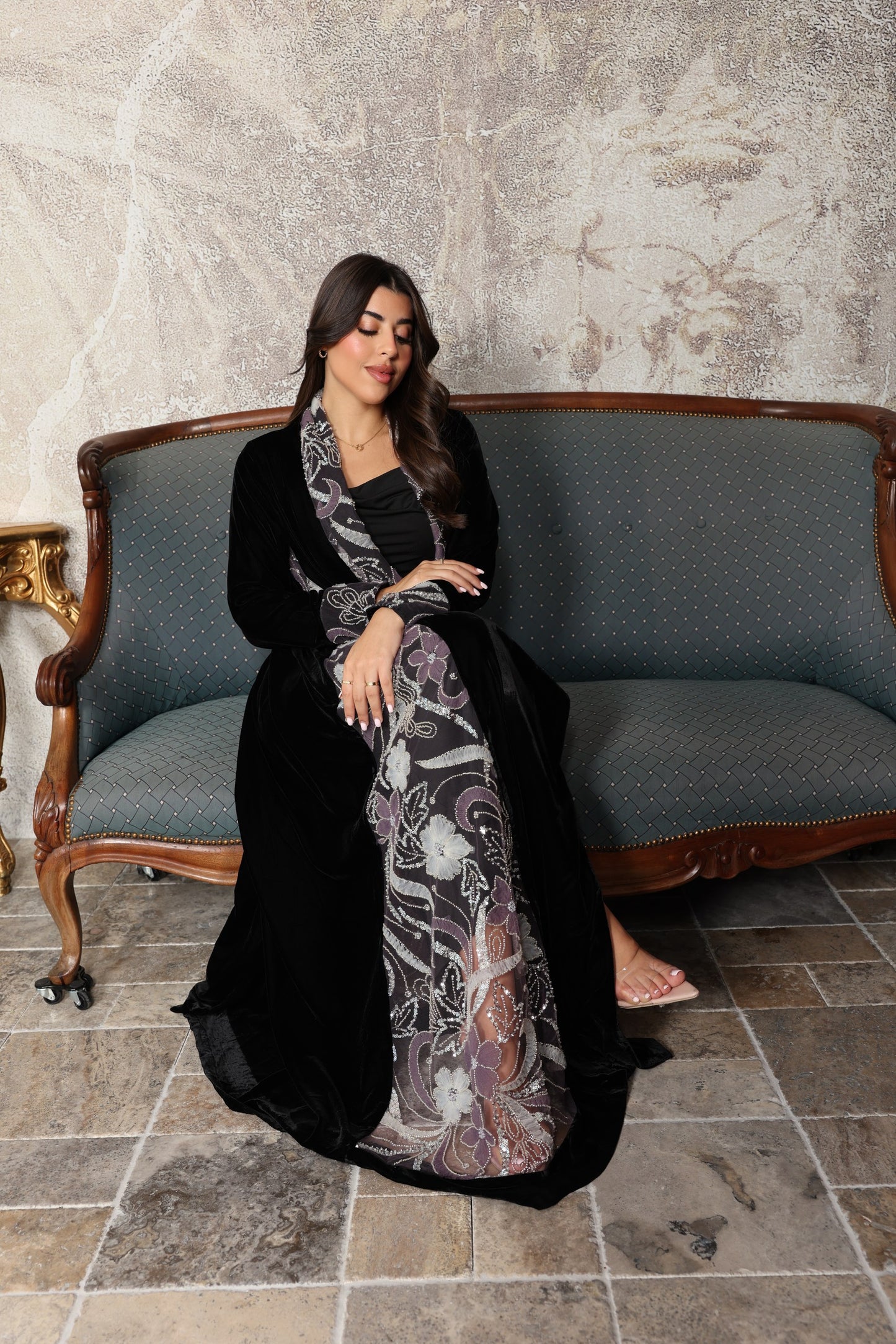 Black Breathable Velvet Abaya with Floral Embroidery