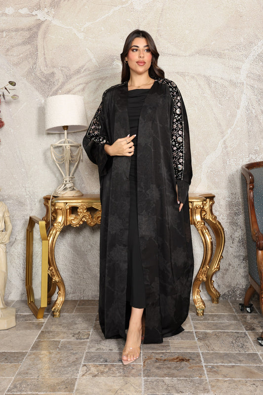 Black Soft Silk Abaya with Embroidered Sleeves
