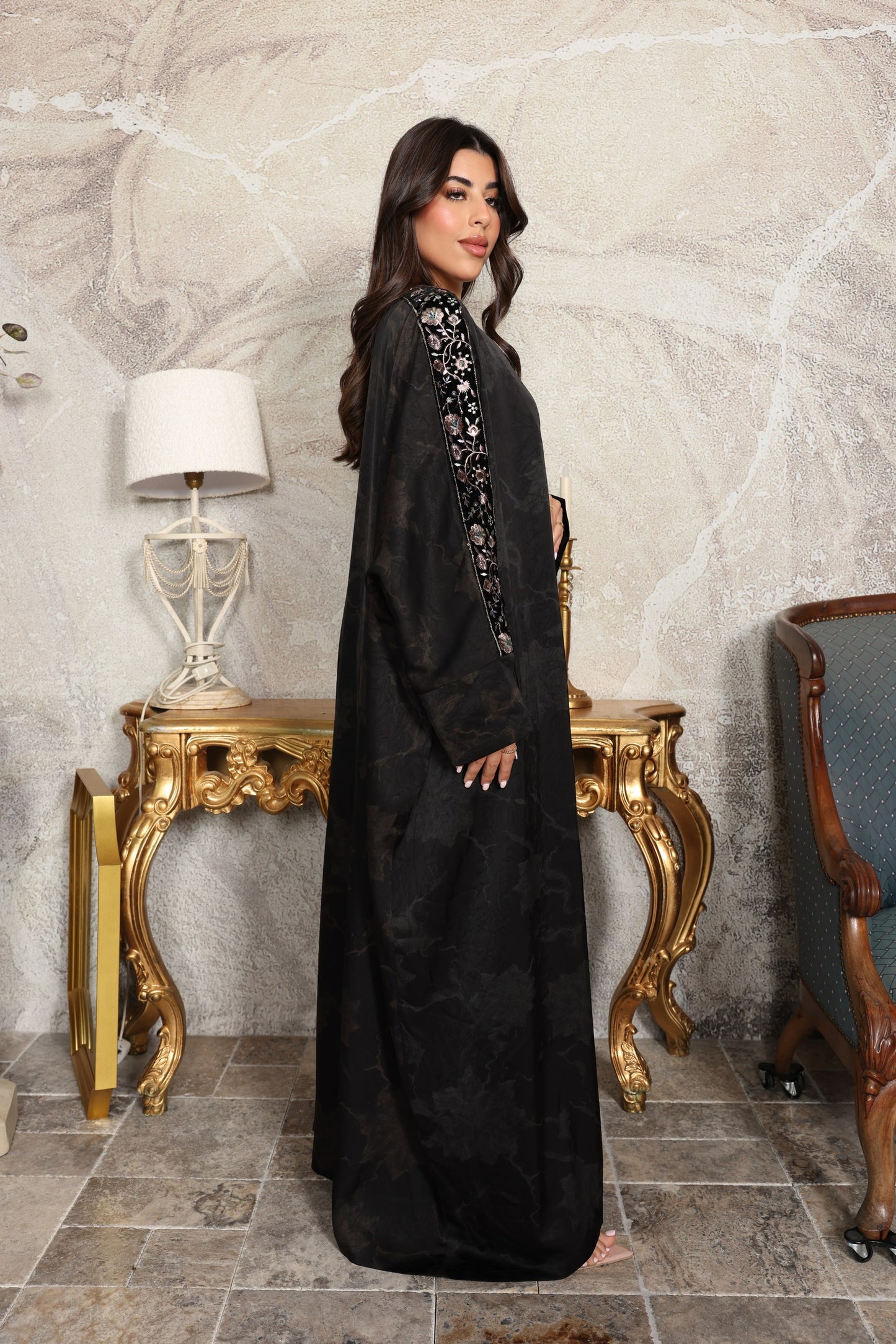 Black Soft Silk Abaya with Embroidered Sleeves