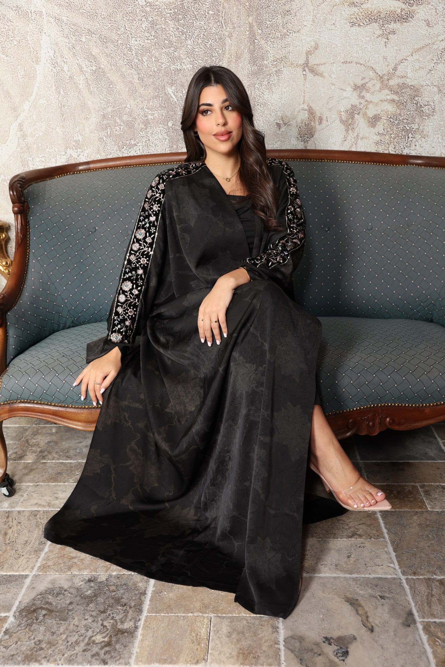 Black Soft Silk Abaya with Embroidered Sleeves