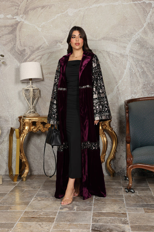 Plum Soft Velvet Embroidered Abaya