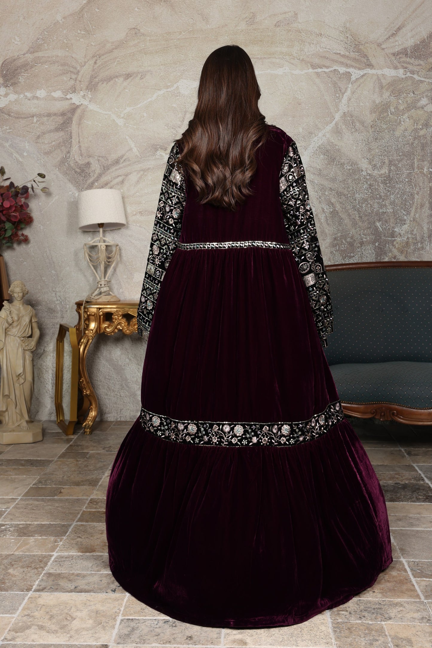 Plum Soft Velvet Embroidered Abaya
