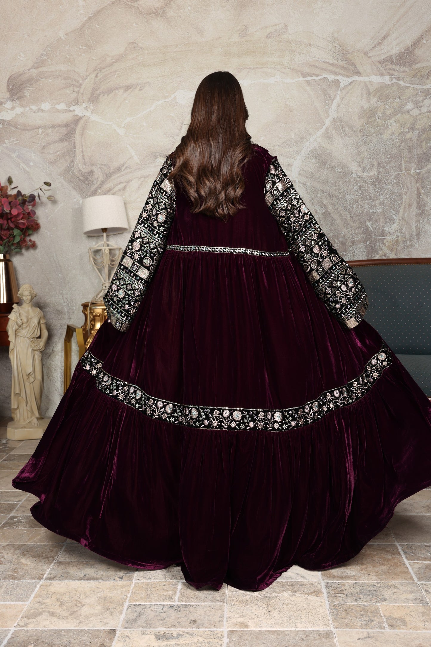 Plum Soft Velvet Embroidered Abaya