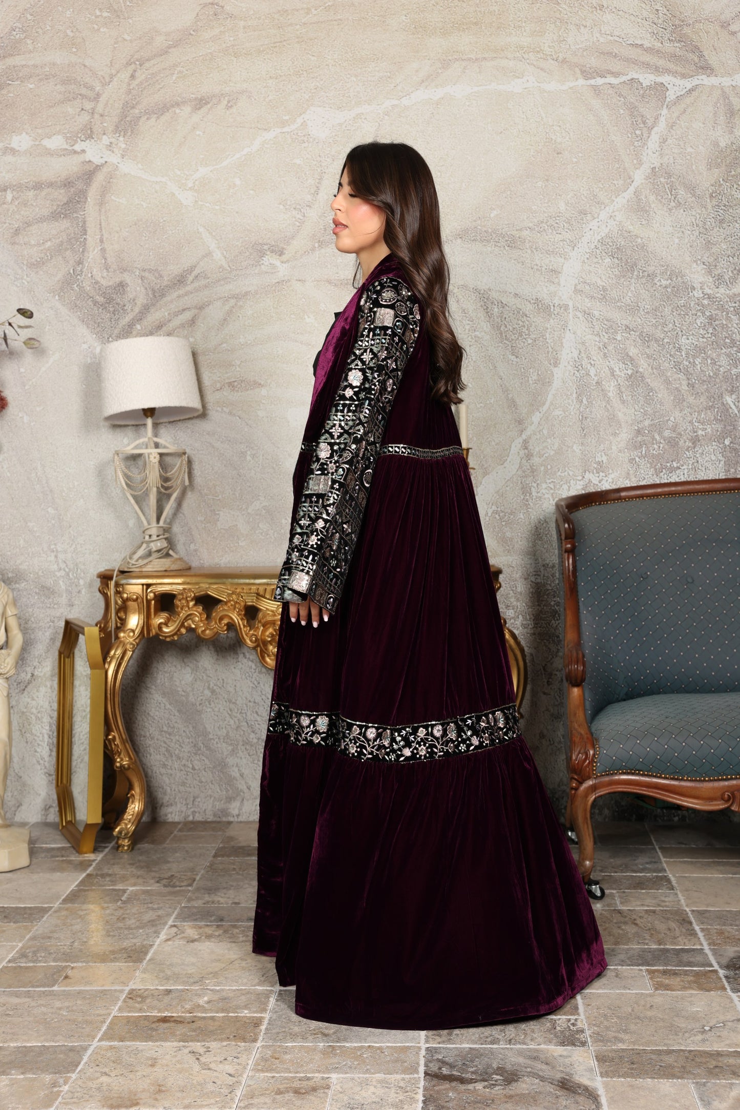 Plum Soft Velvet Embroidered Abaya