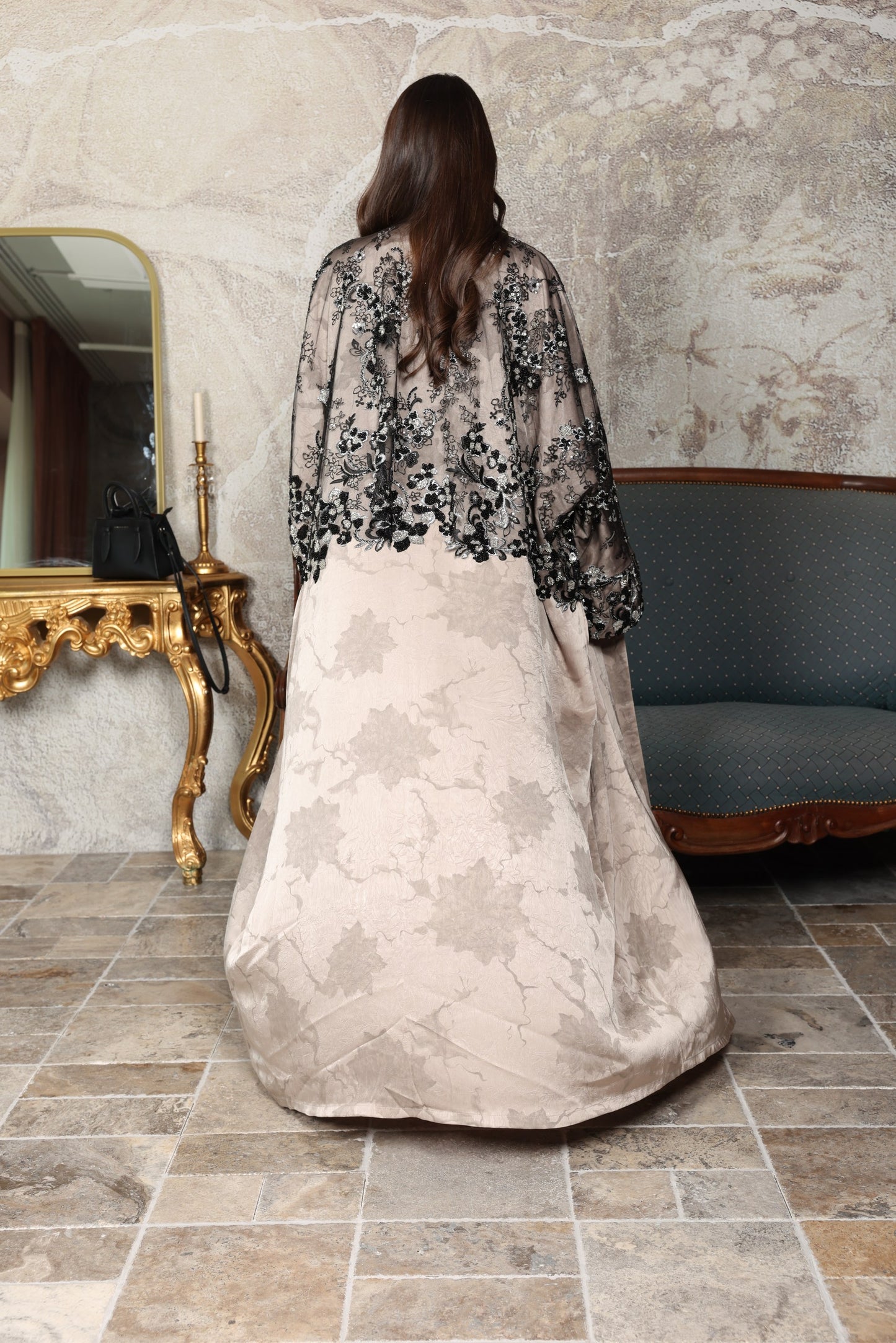 Taupe Silk Abaya with Black Embroidered Organza Cape