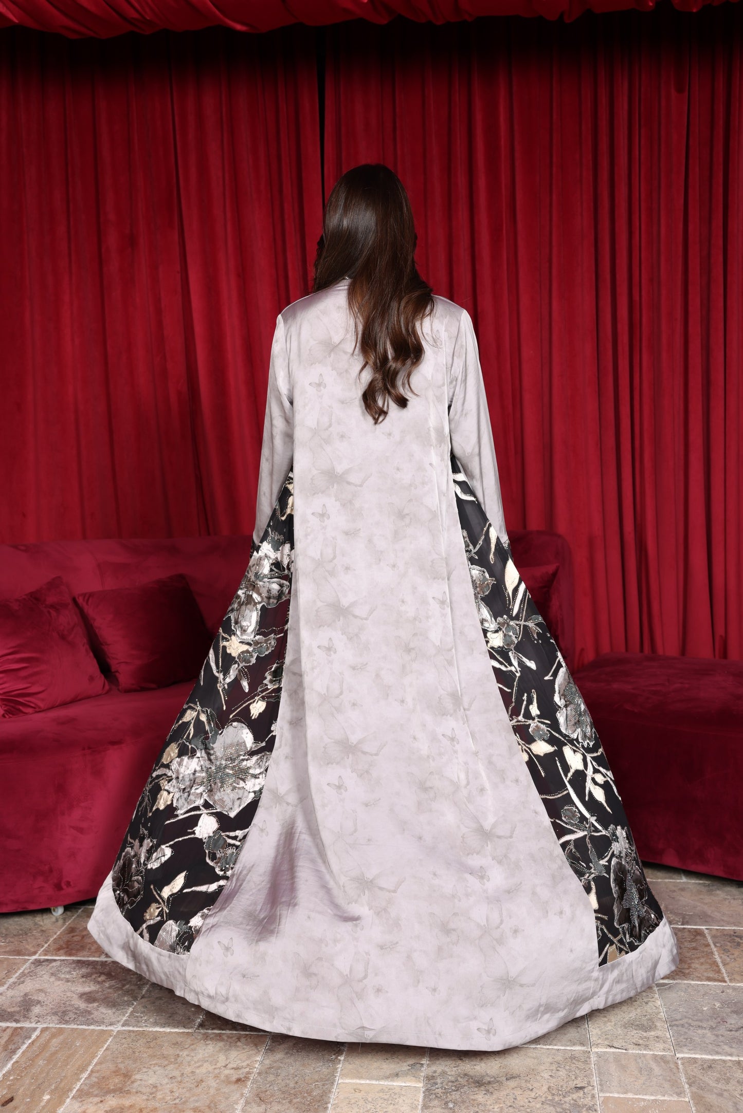 Silver-Grey Silk Abaya with Embroidered soft Chiffon Panels