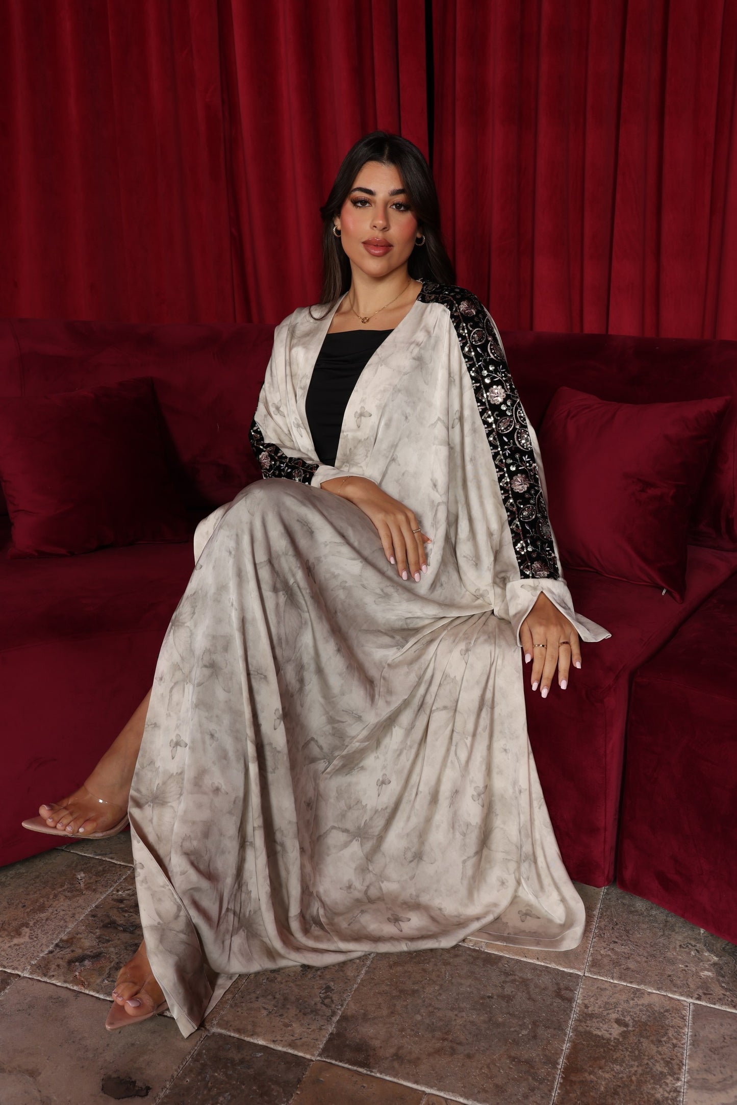 Luxe Marble Silk Abaya with Embroidered Sleeves