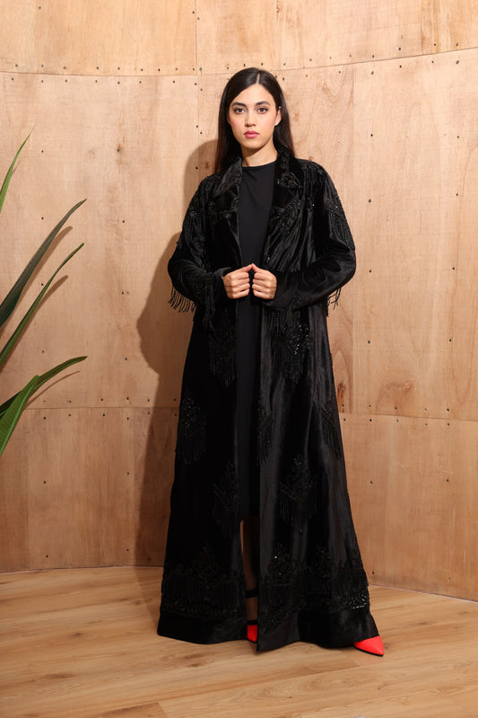 Black Velvet Abaya with Beaded Fringe & Silk Lining