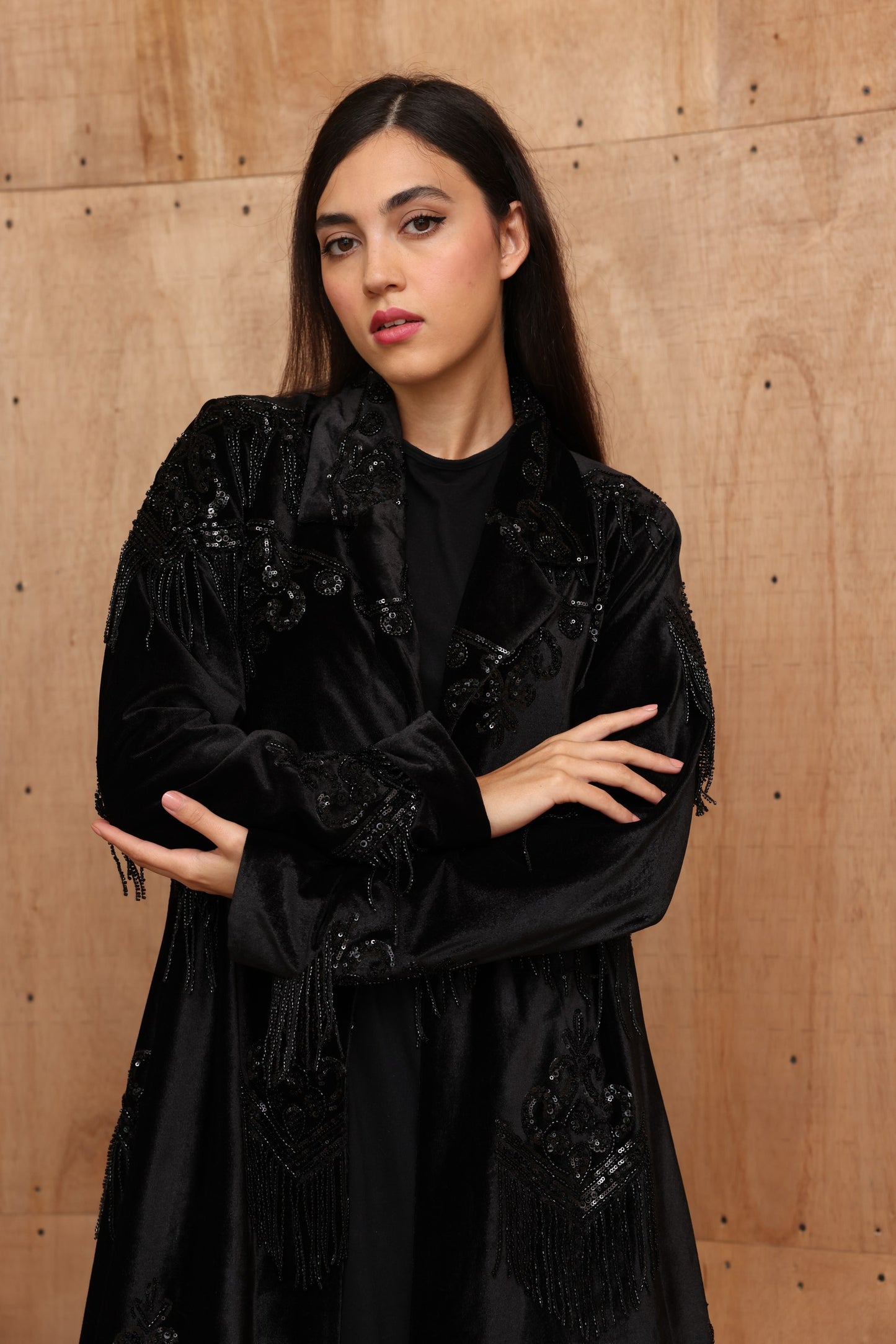 Black Velvet Abaya with Beaded Fringe & Silk Lining