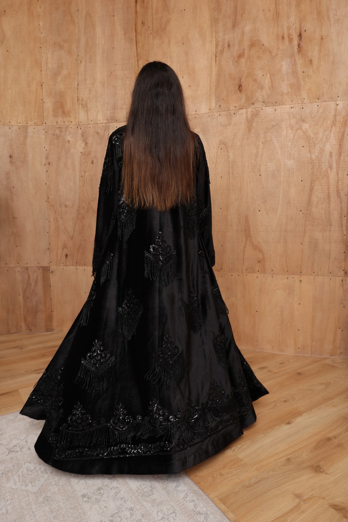 Black Velvet Abaya with Beaded Fringe & Silk Lining