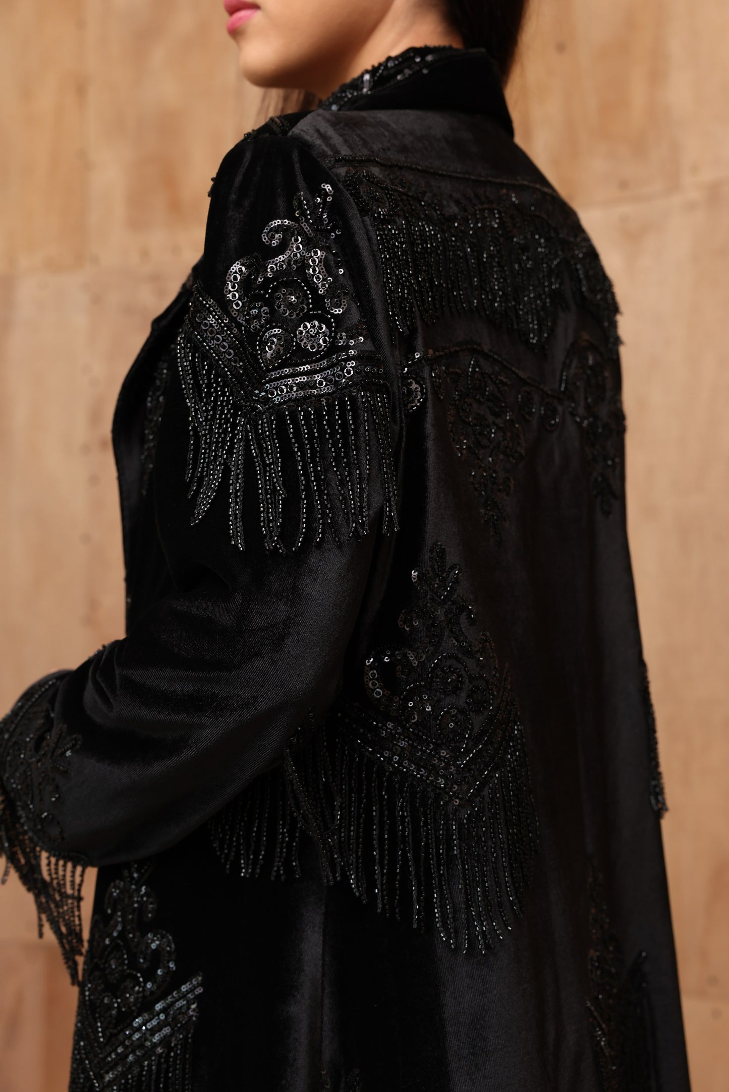Black Velvet Abaya with Beaded Fringe & Silk Lining