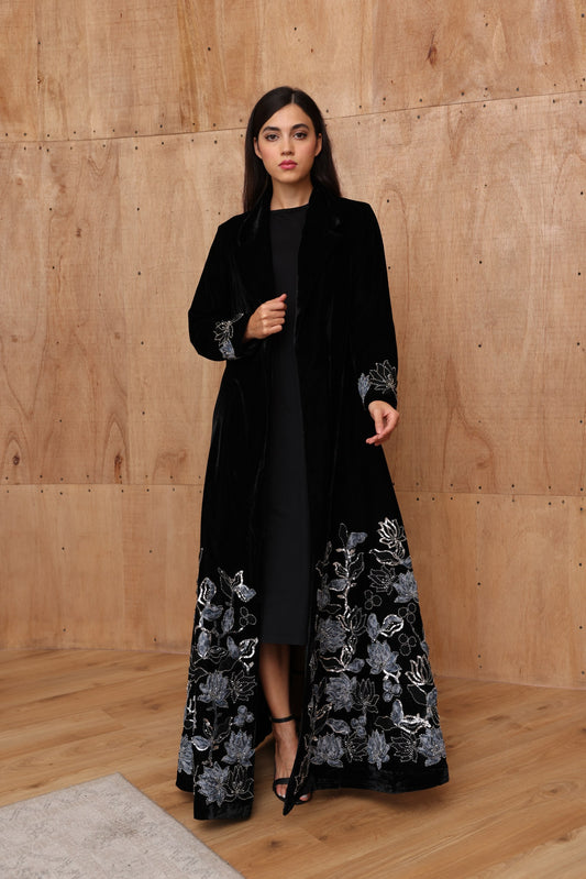 Black Velvet Abaya with Silver Floral Embroidery & Silk Lining