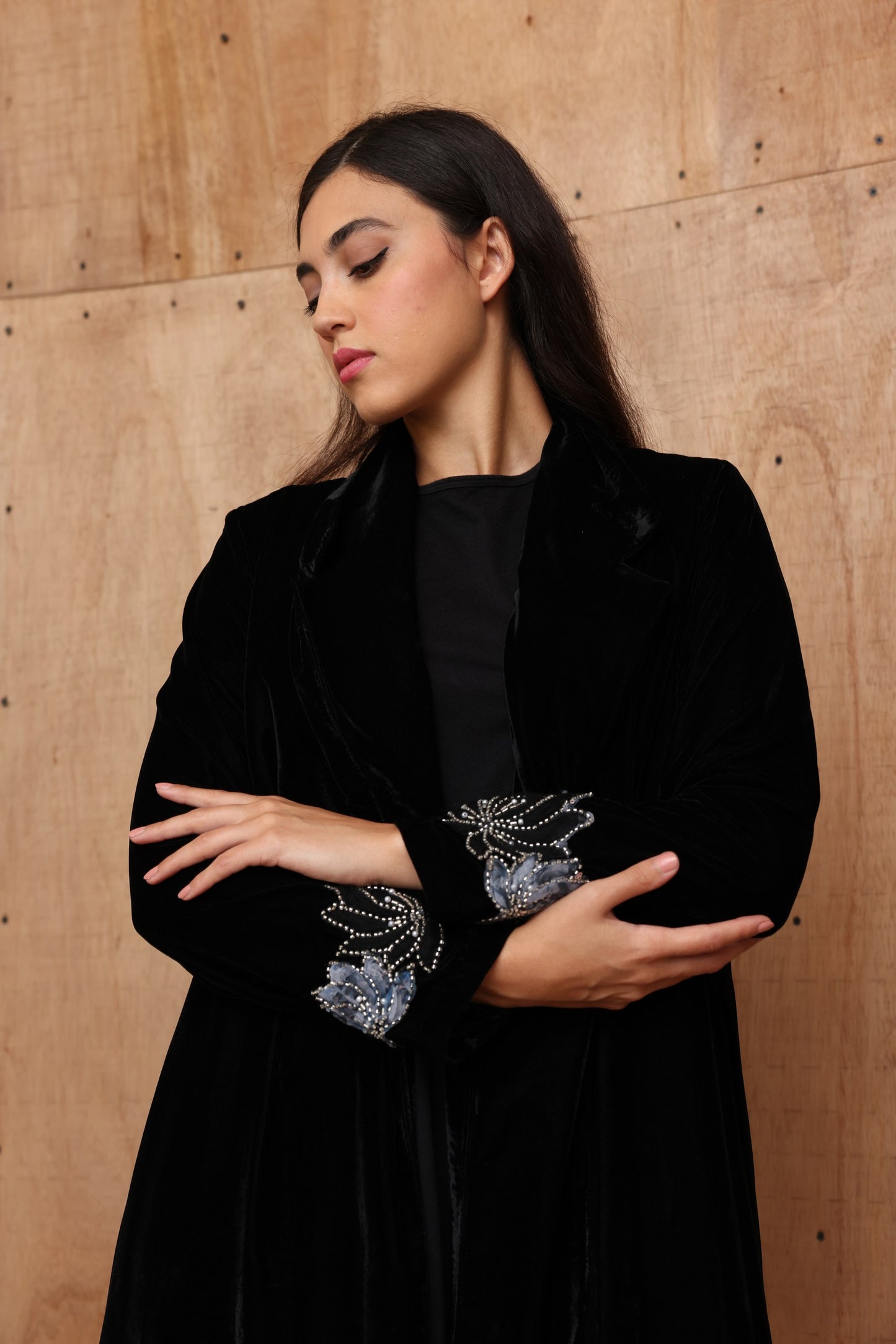 Black Velvet Abaya with Silver Floral Embroidery & Silk Lining