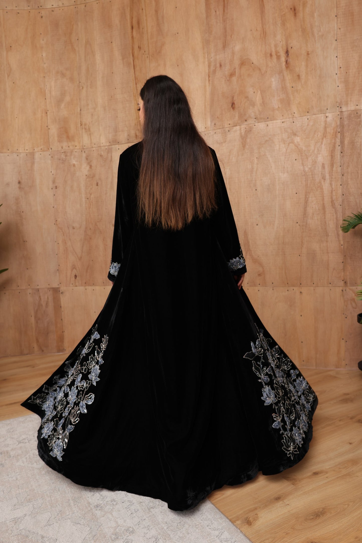 Black Velvet Abaya with Silver Floral Embroidery & Silk Lining