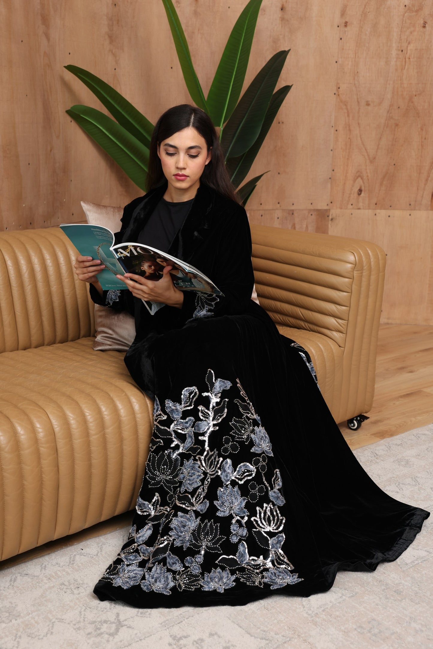 Black Velvet Abaya with Silver Floral Embroidery & Silk Lining