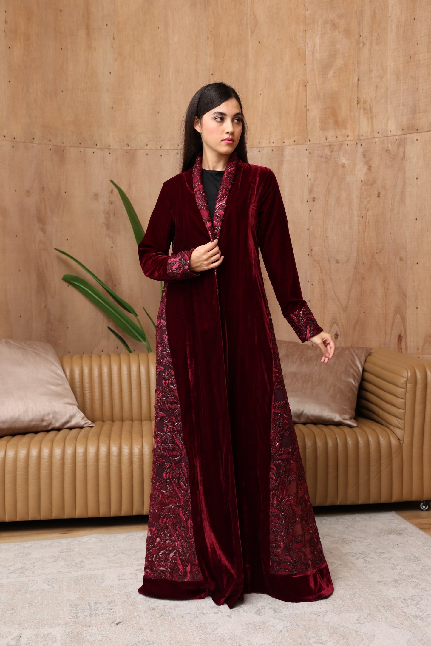 Crimson Velvet Abaya with Embroidered Side Panels