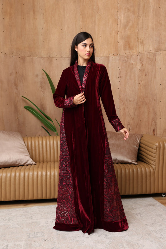Crimson Velvet Abaya with Embroidered Side Panels
