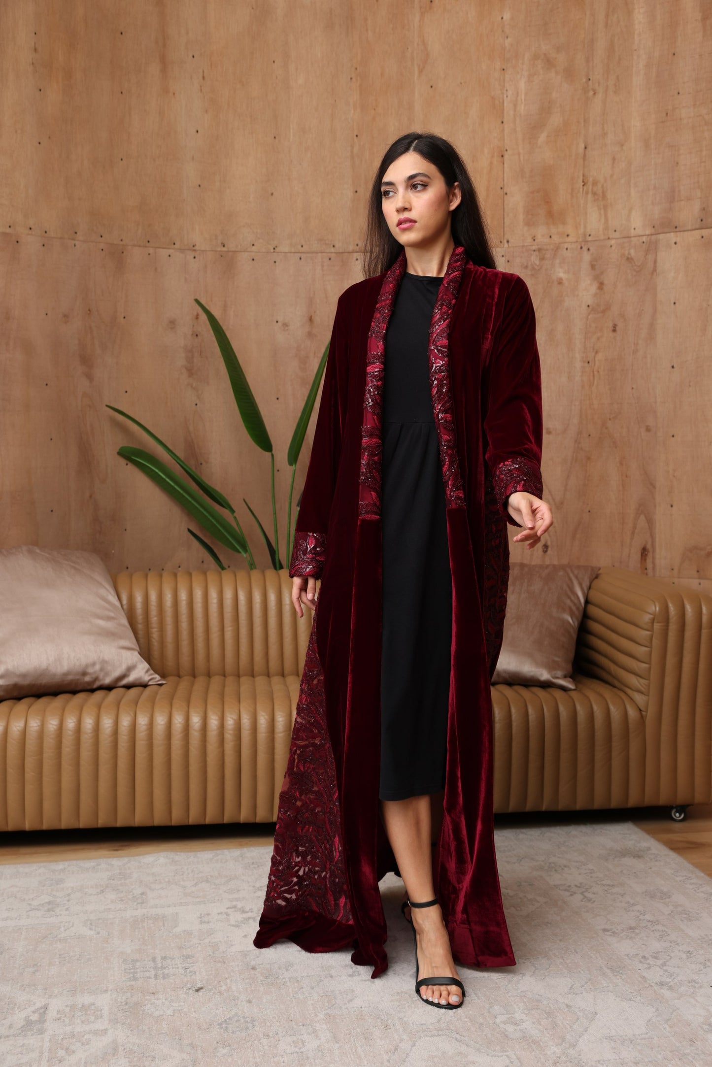 Crimson Velvet Abaya with Embroidered Side Panels