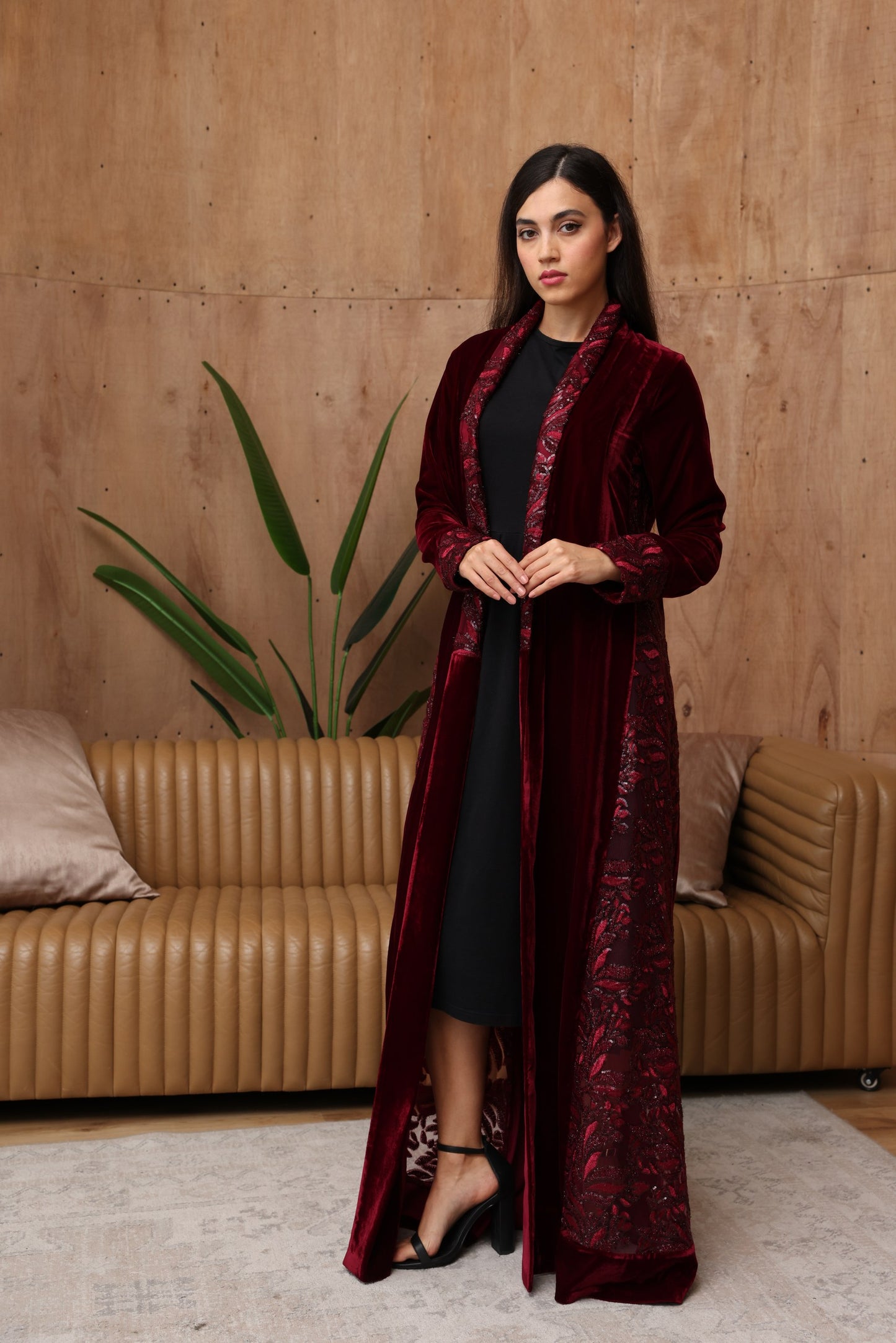 Crimson Velvet Abaya with Embroidered Side Panels