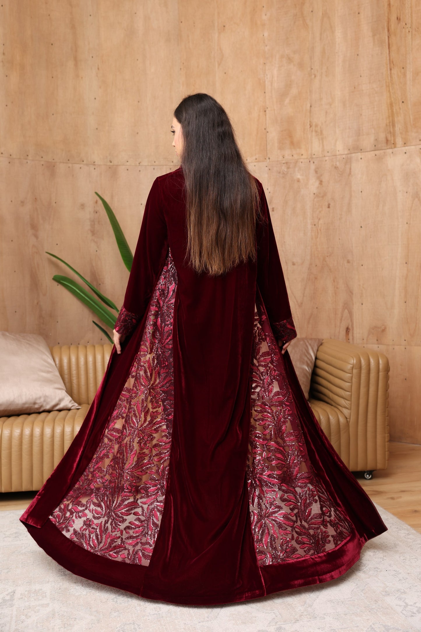 Crimson Velvet Abaya with Embroidered Side Panels
