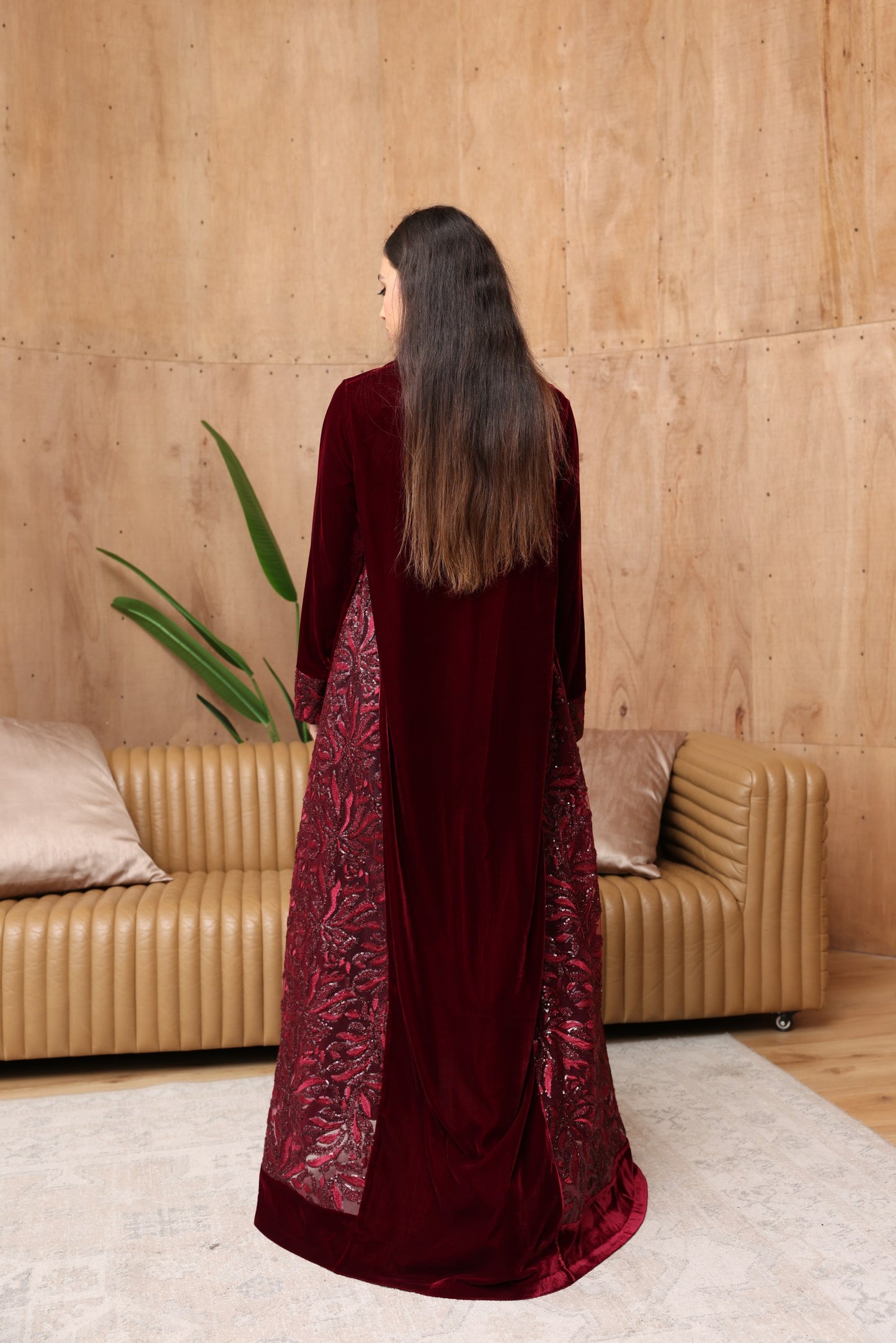 Crimson Velvet Abaya with Embroidered Side Panels