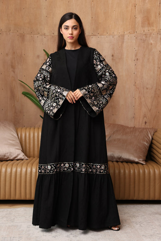 Elegant Black Jacquard Abaya with Embroidered Details