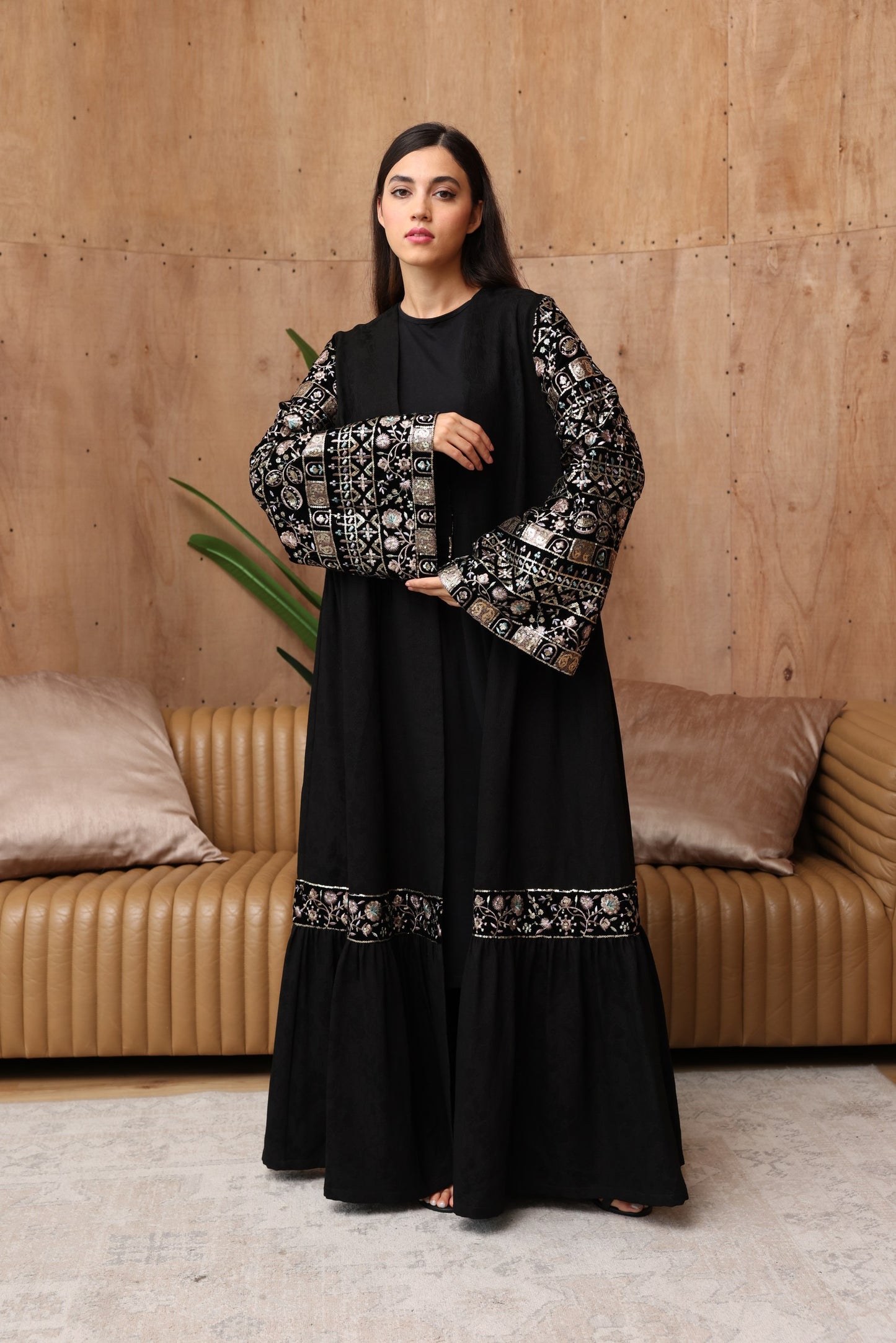 Elegant Black Jacquard Abaya with Embroidered Details