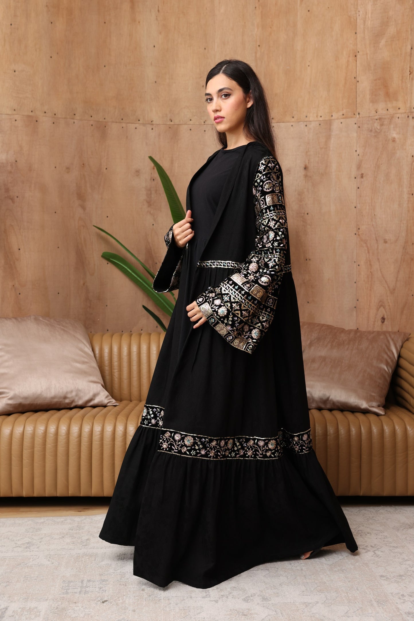 Elegant Black Jacquard Abaya with Embroidered Details
