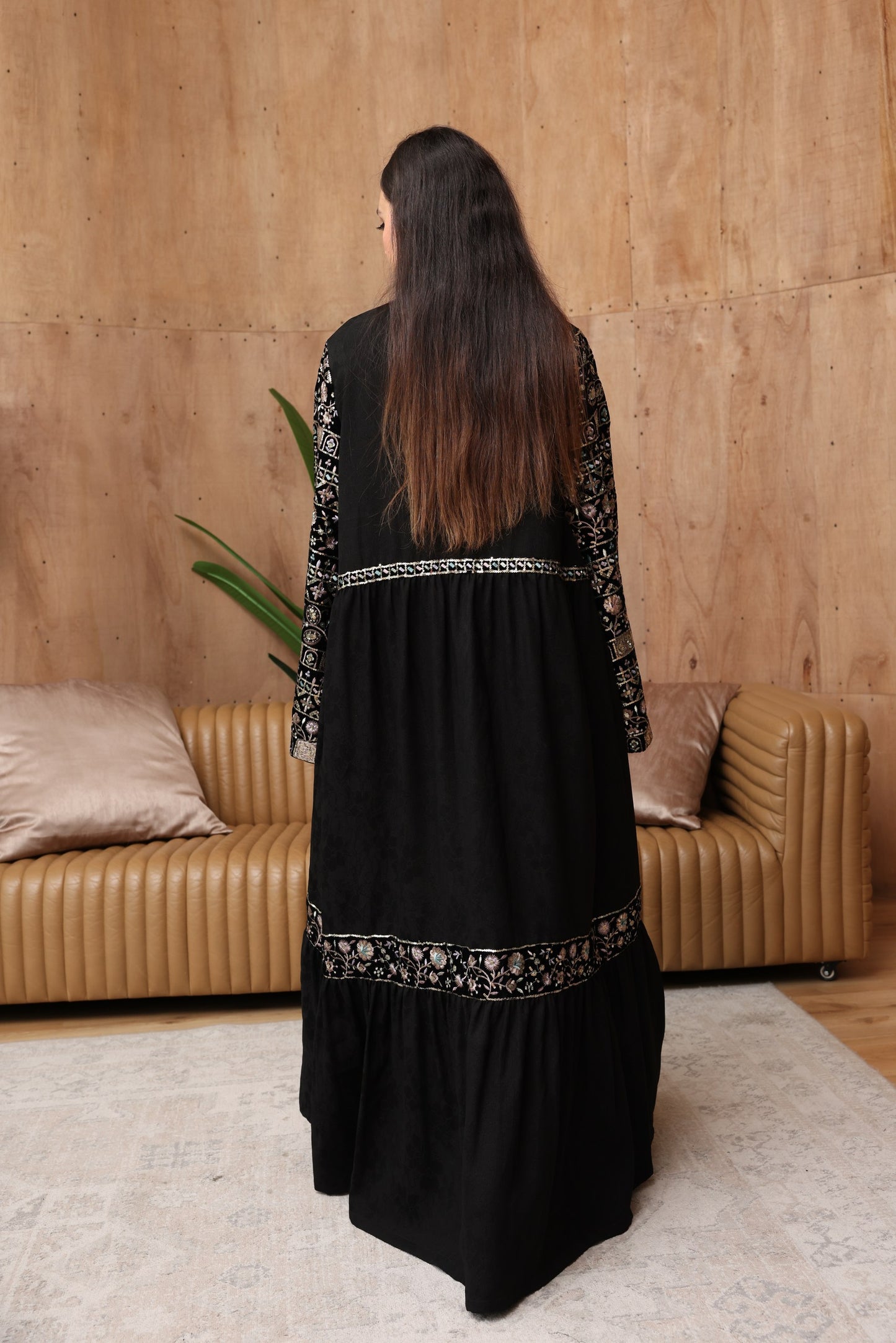 Elegant Black Jacquard Abaya with Embroidered Details