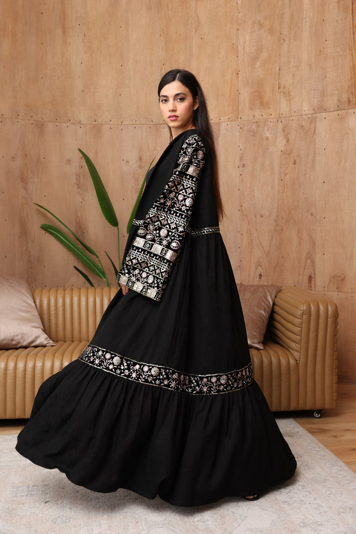 Elegant Black Jacquard Abaya with Embroidered Details