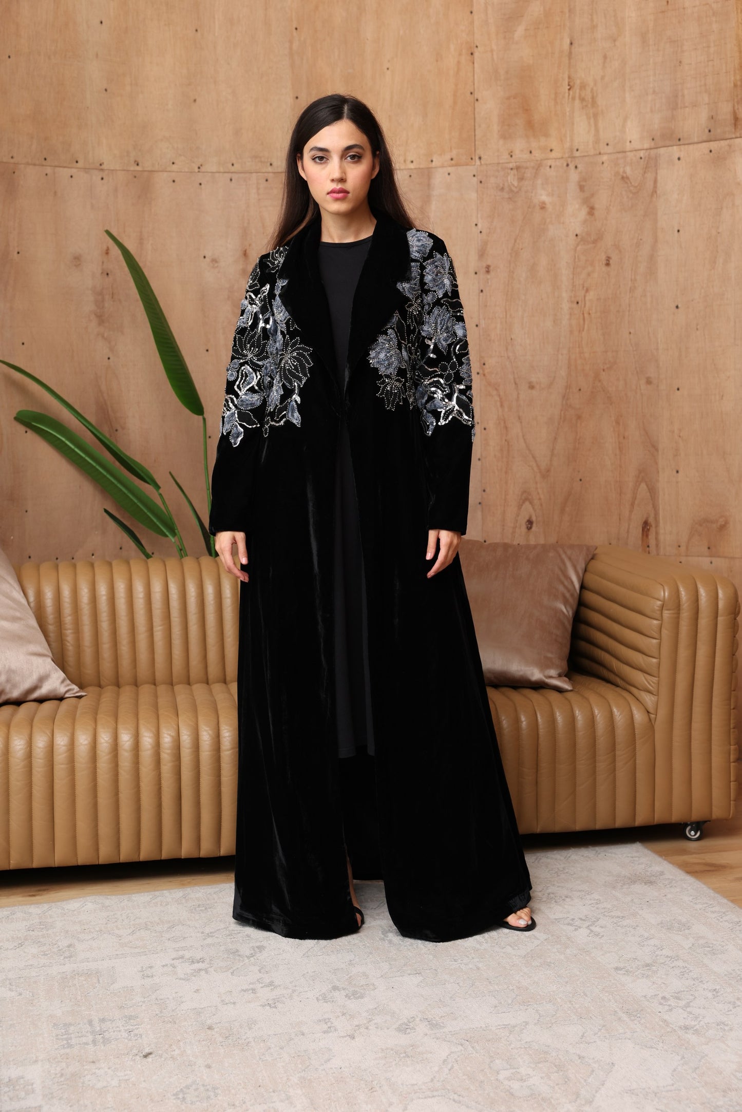 Black Velvet Abaya with Blue Floral Embroidery & Silk Lining